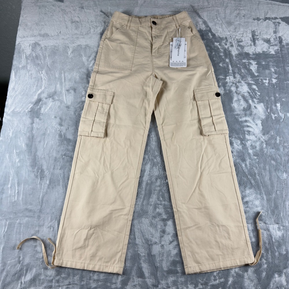 Zmpsiisa Women Tan Khaki Wide Leg Cargo Pants High Waisted Drawstring Hem Small